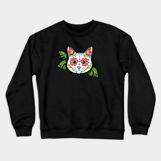 White Cat - Day of the Dead Sugar Skull Kitty Crewneck Sweatshirt by prettyinink